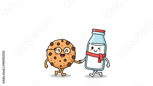 Cute chocolate chip cookie and milk bottle characters holding hands while walking together as best friends on a clean white background.