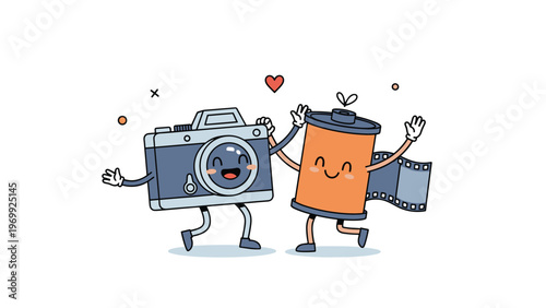 Retro style camera and film roll characters holding hands and dancing together with a small red heart icon on a clean white background.