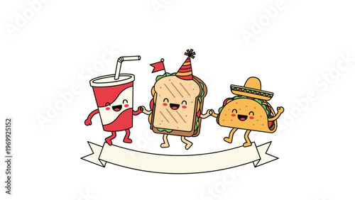 Fast food characters including a soda cup, sandwich, and taco holding hands and smiling together above a blank banner on white backdrop.