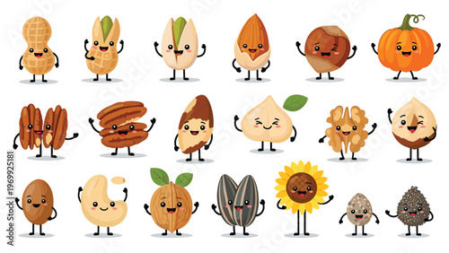 Large collection of cute nut and seed characters with funny faces and limbs representing healthy snacks on a clean white background.