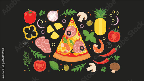 Delicious pizza slice surrounded by a variety of fresh ingredients like peppers, onions, tomatoes, and mushrooms on a dark background.