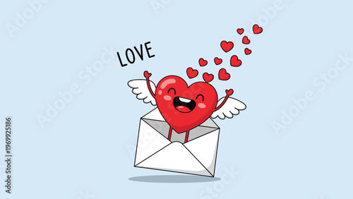 Cute heart character with wings flying out of a white envelope with smaller floating hearts to celebrate love on a light blue background.