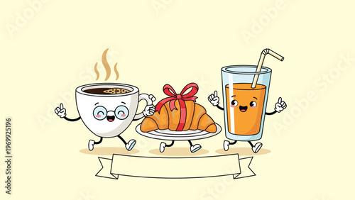 Breakfast characters including a coffee cup, croissant, and orange juice walking together above a blank banner on a yellow background.