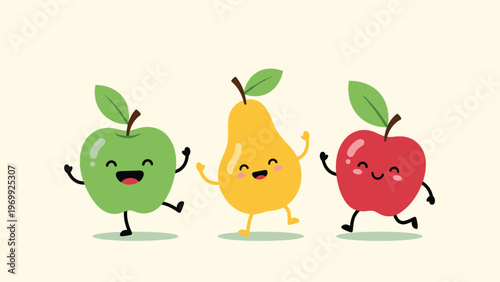 Three adorable fruit characters including a green apple, yellow pear, and red apple dancing happily together in a row.
