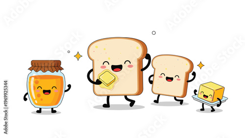 Friendly toast, honey jar, and butter characters interacting and dancing together for a delicious breakfast scene illustration.