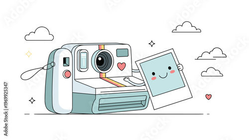Vintage style instant polaroid camera character holding a printed photo with a cute smiling face against a background with clouds.