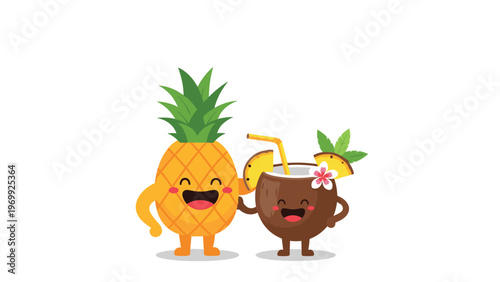 Tropical pineapple character and a coconut drink character with a straw and flower hugging and enjoying a vacation vibe together.