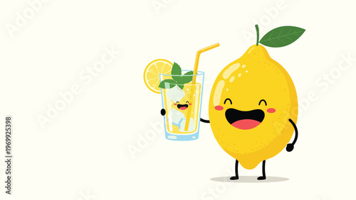 Large happy lemon character holding a refreshing glass of iced lemonade with mint leaves and a straw against a cream background.