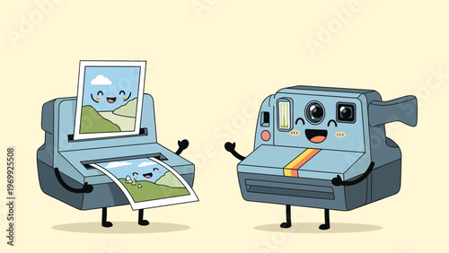 Two friendly polaroid camera characters interacting and showing printed landscape photos with cute smiling faces to each other.