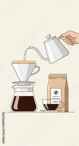 Pour over coffee brewing setup, flat vector composition, clean geometry, World Coffee Day