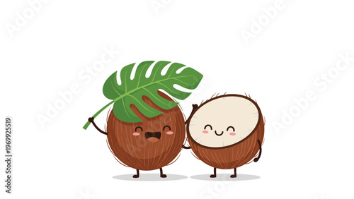 Two friendly coconut characters, one whole and one half, holding a large green tropical leaf together against a white background.