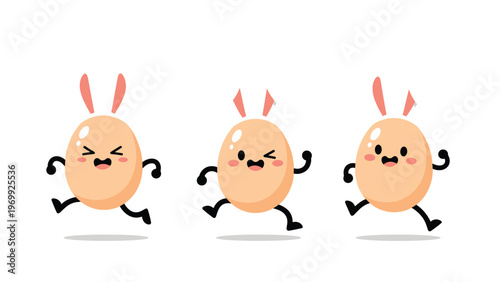 Three cute egg characters wearing pink bunny ears and running or dancing happily for an Easter-themed celebration.