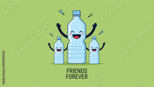 Large happy water bottle character with two smaller joyful water bottle characters cheering together on a green background.