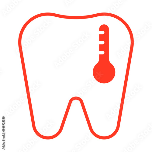 Red tooth icon with thermometer showing dental pain or fever. Dentistry symbol representing oral health issues, toothache or sensitivity. Clinical dental care, hygiene and symptom theme. Vector