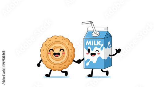 Happy biscuit character and a blue milk carton character holding hands and walking together in a playful breakfast illustration.