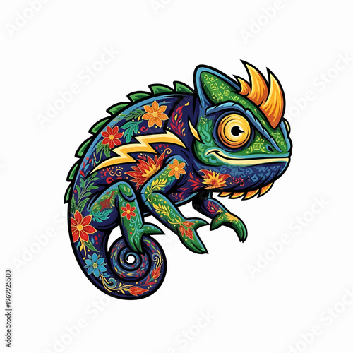 Colorful Artistic Chameleon Illustration with Floral Patterns.