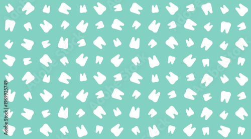 White teeth pattern on green medical background. Minimalist seamless pattern of dental icons. Graphic background element for oral health care and pediatric dentistry. Vector