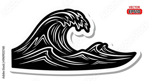 Stylized Black and White Wave Illustration, Ocean Swell, Sea Energy