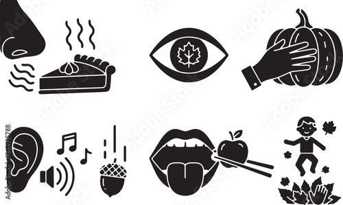 Black Solid Five Senses of Autumn Conceptual Silhouette Icons