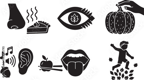 Black Solid Five Senses of Autumn Conceptual Silhouette Icons