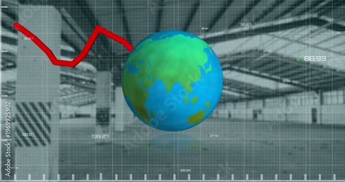 Animation of financial graphs and globe over empty hall