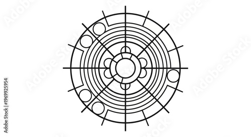 Geometric Mandala Style Radial Design with Concentric Circles and Geometric Accents