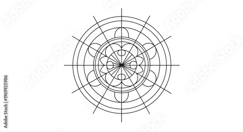 Geometric mandala with intricate radial patterns and concentric circles, symbolizing spiritual and cosmic harmony