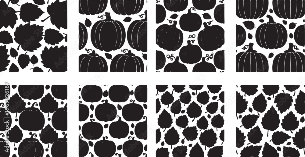 Fototapeta premium Black Solid Autumn Themed Seamless Tessellating Pattern Silhouettes