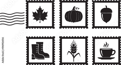Black Solid Autumn Themed Postage Stamp Silhouette Collection