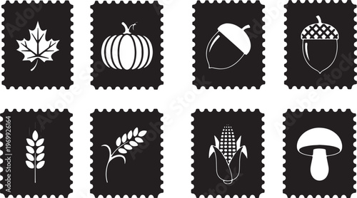 Black Solid Autumn Themed Postage Stamp Silhouette Collection