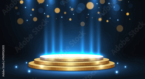 Golden Podium Stage with Blue Spotlight and Floating Orbs, Digital Art