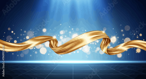 Golden ribbon award stage background with bokeh lights and spotlight