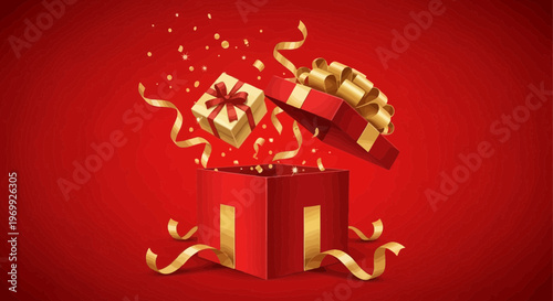 Surprise Gift Box Opening with Confetti and Ribbons on Red Background