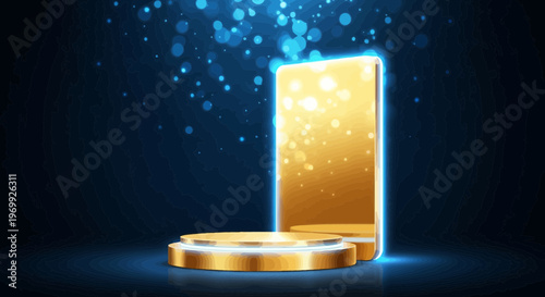 Golden Smartphone Displaying Abstract Digital Art with Blue Particles and Podium
