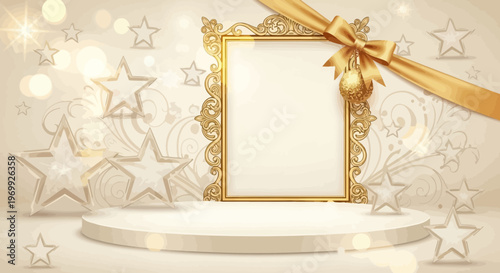 Golden Frame Podium with Stars and Bokeh Lights - Celebration, Award, Luxury Background