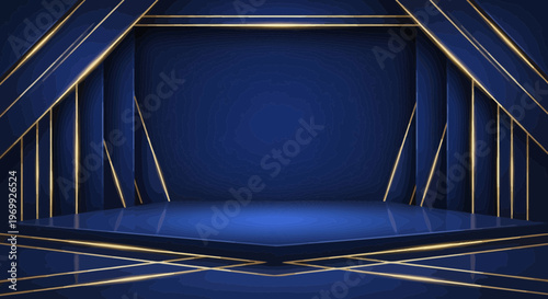 Modern Stage Design with Abstract Blue and Gold Geometric Backdrop
