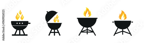 Barbecue Grill Vector Icons with Flames