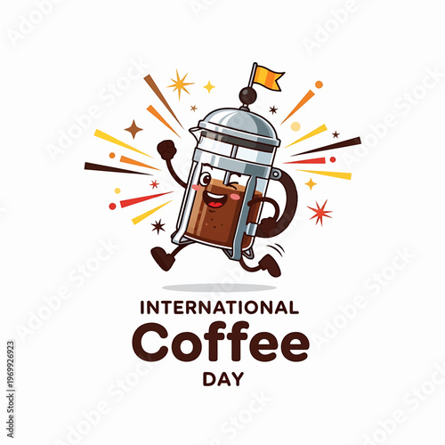 Celebratory Cartoon Coffee Cup Character for International Coffee Day.