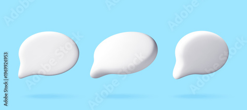 Three white 3D speech bubbles floating on a blue background. Minimalist communication icons for user interface design. Digital chat message balloons for web and mobile application. Vector illustration