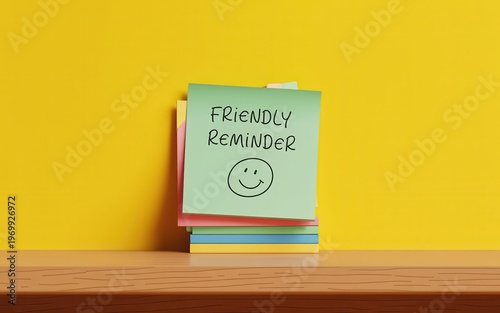 A stack of colorful sticky notes with a friendly reminder on a wooden desk against a yellow wall.