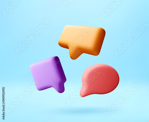 3D Three multicolor floating speech bubbles on blue background. 3d chat notification icons representing social media communication and digital messaging. Vector illustration
