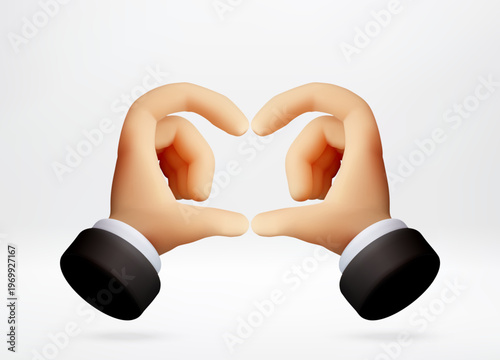 3D human hands making heart gesture. Love, care or support. Minimalist graphic design element for romantic holiday and communication. Vector illustration