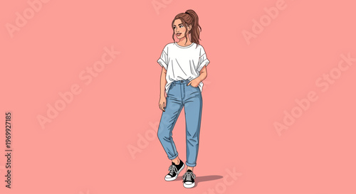 A young woman in casual fashion style with a white t-shirt and blue jeans standing confidently against a pink background.