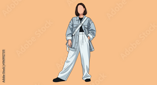 A young woman in a stylish outfit with a denim jacket and wide-leg pants standing confidently against a solid peach background, showcasing fashion and style.