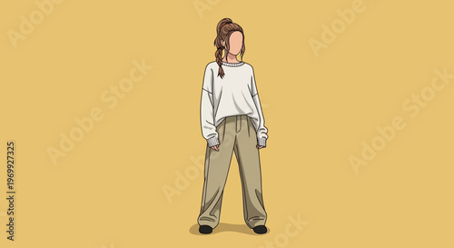 A young woman in casual fashion style stands confidently against a vibrant yellow background, showcasing her trendy outfit.