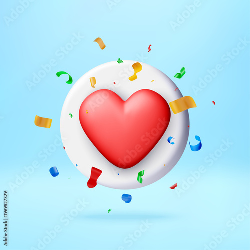 3D Red heart icon with flying colorful confetti. Love celebration concept. Decorative element for happy valentine day, wedding, anniversary and party greeting card. Vector illustration