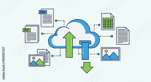 Illustration of a cloud storage concept with documents, images, and files syncing to and from a central cloud icon in a business context.