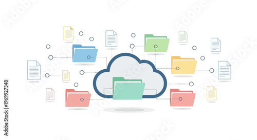 Illustration of a cloud with interconnected folders and documents in various colors against a clean white background.
