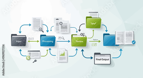 Infographic illustrating a business workflow with documents and folders in various colors on a light background.
