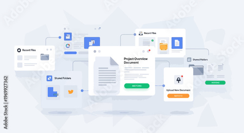 A collection of digital business documents and folders with various icons on a light gray background with a shallow depth of field.